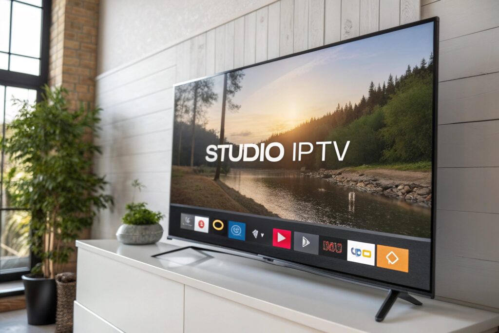 modern TV streaming interface displaying Studio IPTV in 4K.